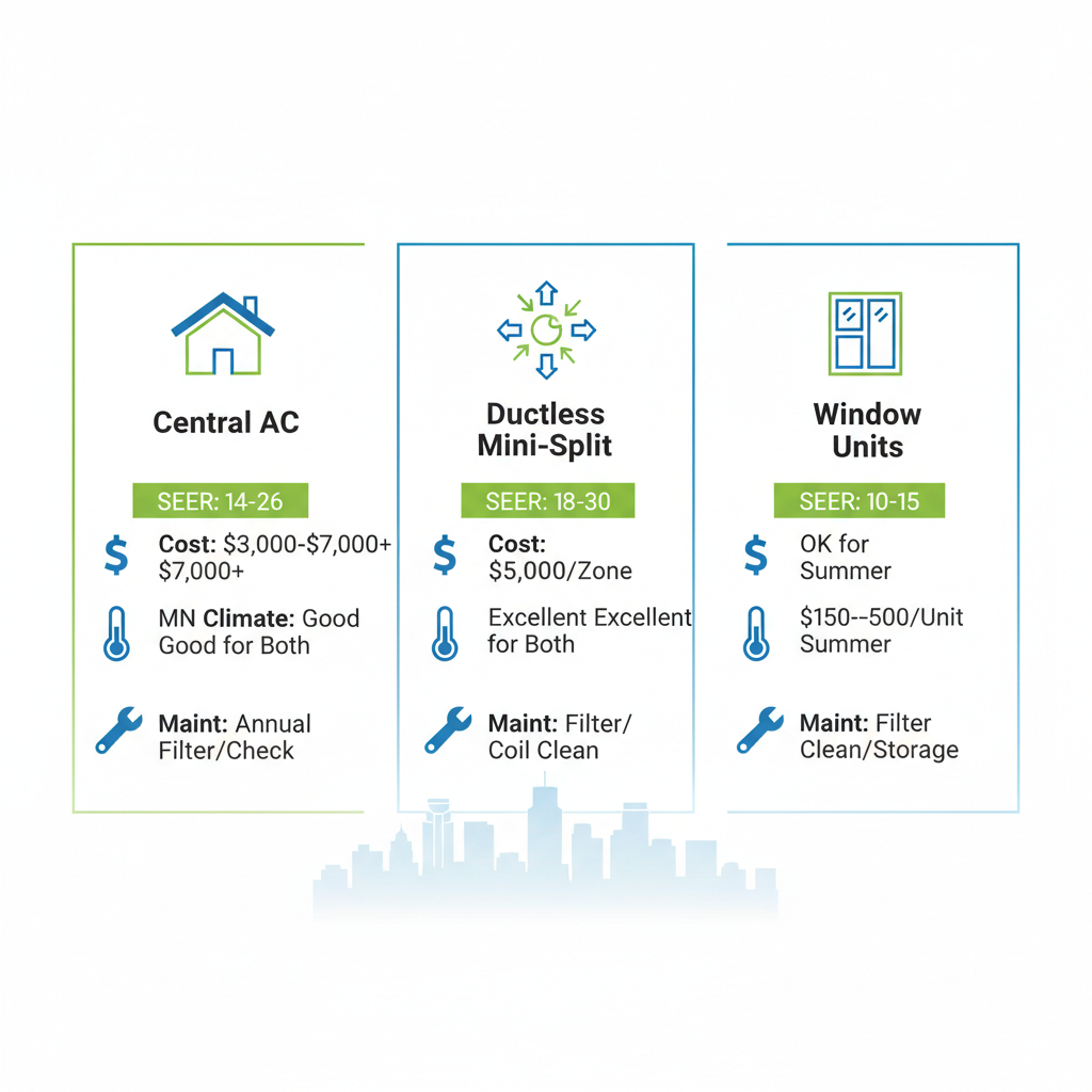 Infographic comparing Central AC, Ductless Mini-Split, and Window Units for Minneapolis homes, highlighting efficiency, costs, climate suitability, and maintenance.