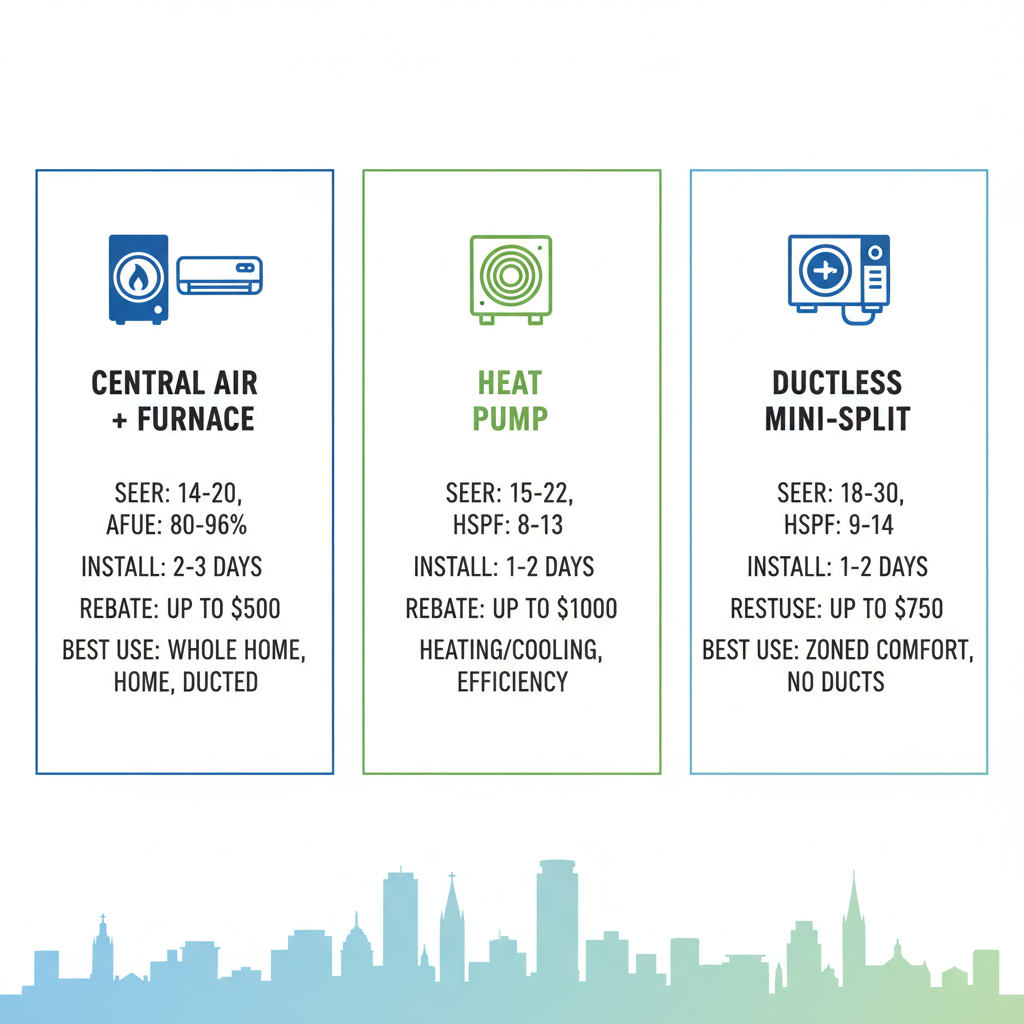 Infographic comparing Central Air + Furnace, Heat Pump, and Ductless Mini-Split systems for Saint Paul homes, showing efficiency, installation, rebates, and use cases.