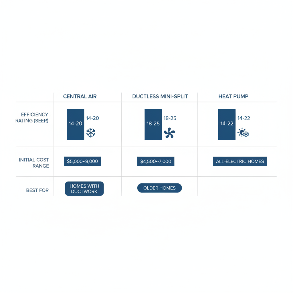 Horizontal comparison chart of AC systems including Central Air, Ductless Mini-Split, and Heat Pump, showing efficiency ratings, costs, and suitability for Minneapolis homes.
