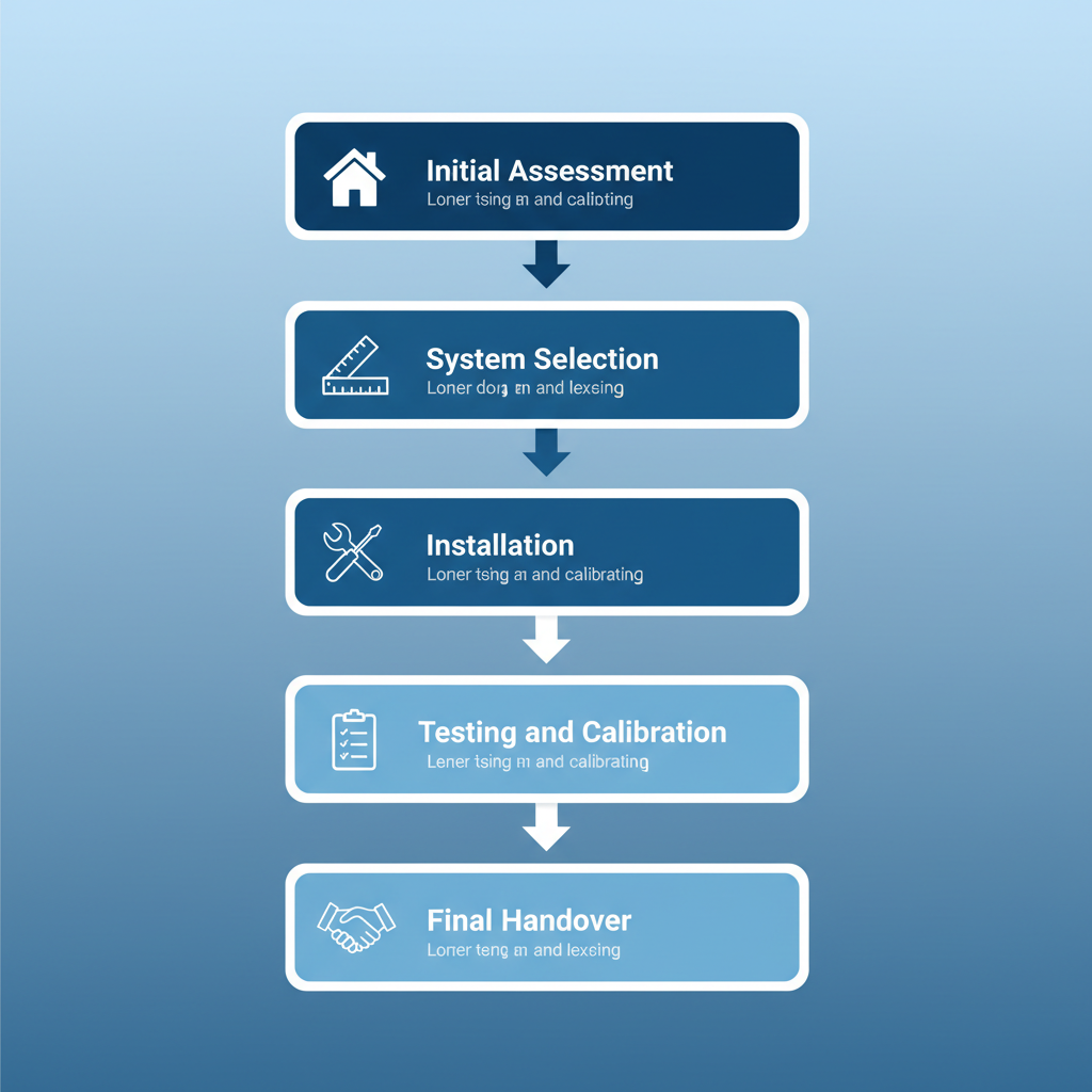 Vertical process flow diagram illustrating the five stages of AC installation in Minneapolis, including icons for each step.