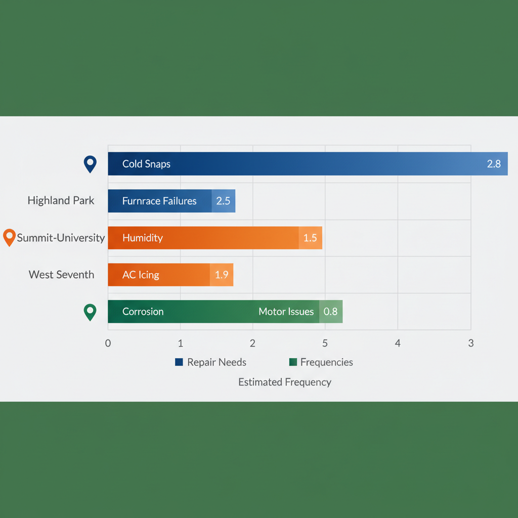 Bar chart illustrating HVAC issues frequency in Saint Paul neighborhoods: Highland Park, Summit-University, West Seventh with repair labels.