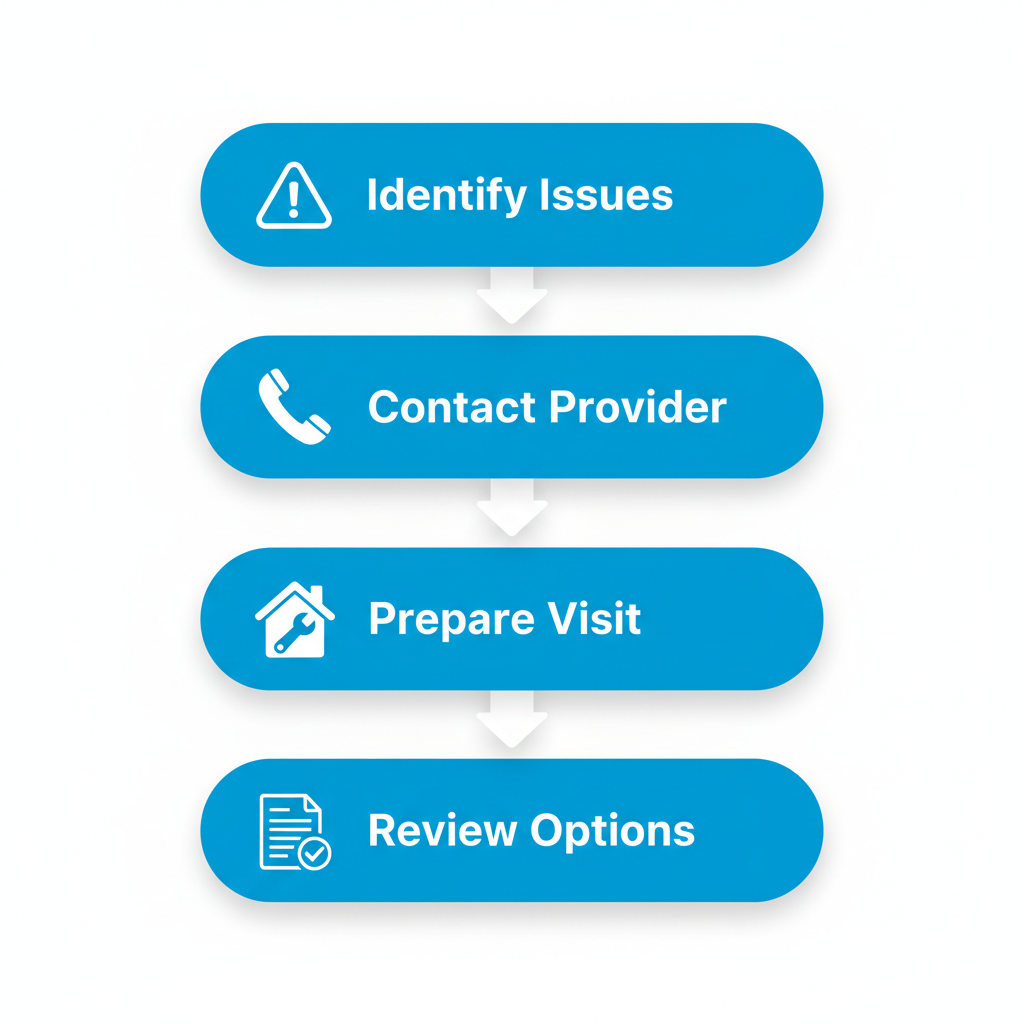 Vertical process flow diagram showing four steps to schedule HVAC repair: identify issues, contact provider, prepare for visit, and review options.