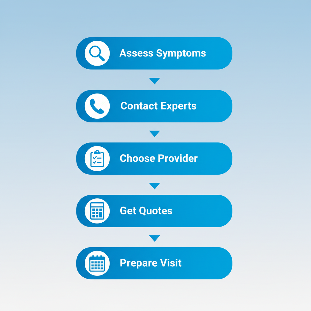Vertical process flow diagram illustrating five steps to start HVAC care: assess symptoms, contact experts, choose provider, get quotes, and prepare for visit with icons.