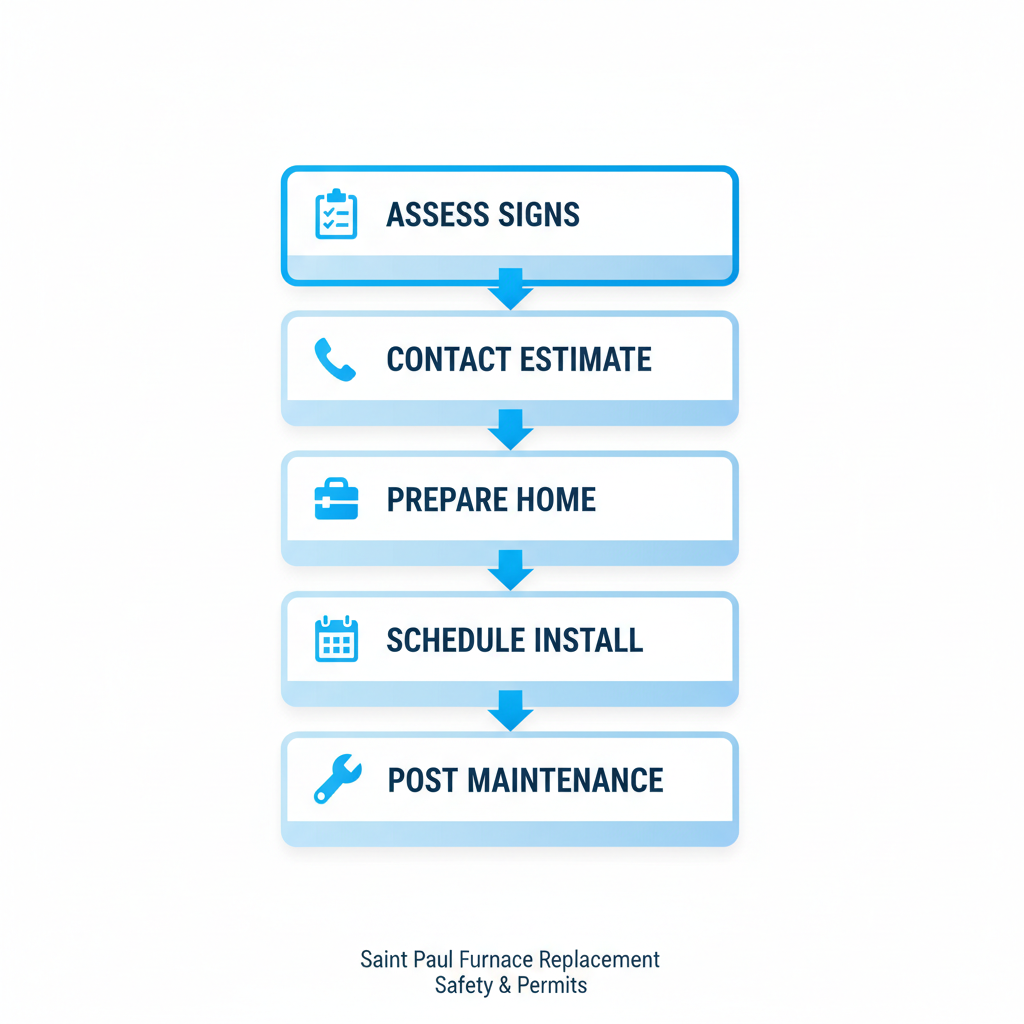 Vertical process flow diagram illustrating five steps for furnace replacement in Saint Paul: assess signs, contact for estimate, prepare home, schedule installation, and post-install maintenance.