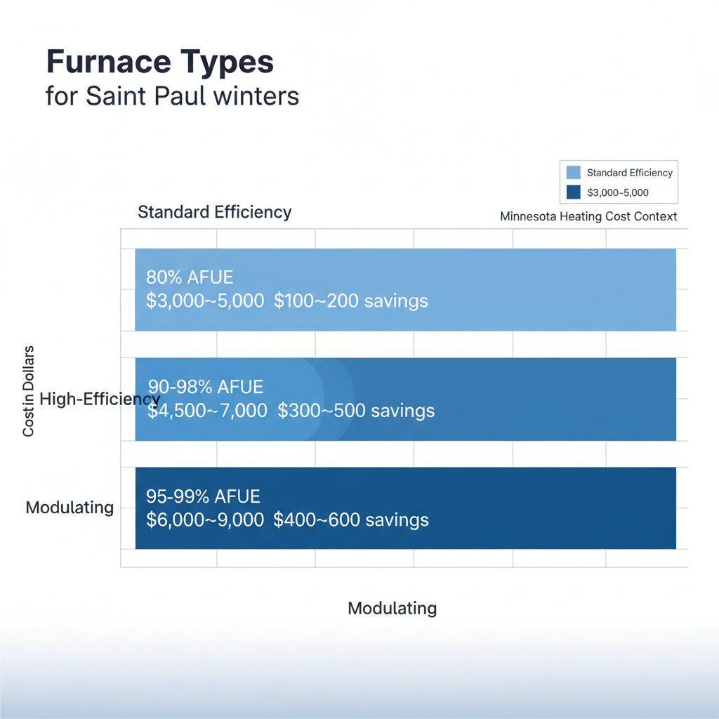 Horizontal bar chart comparing costs and efficiencies of standard, high-efficiency, and modulating furnaces for Saint Paul homes