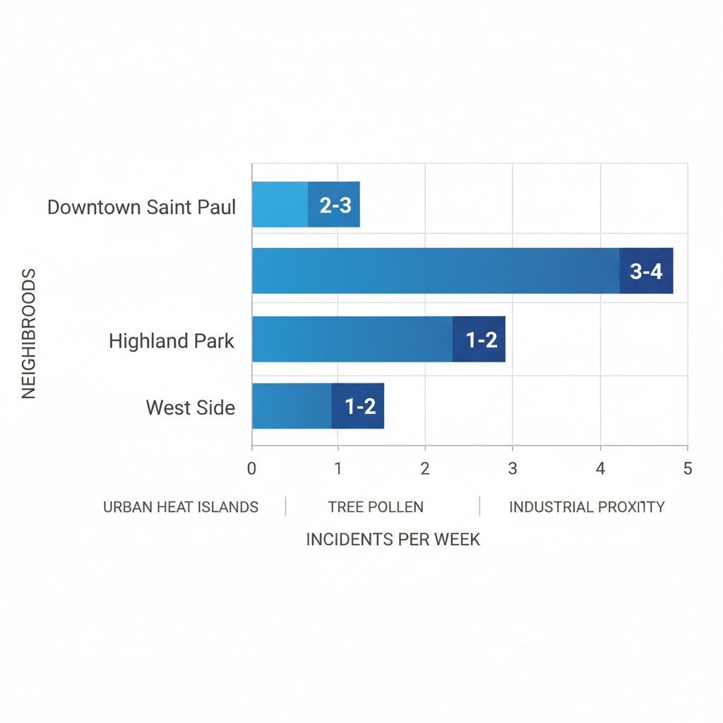 Horizontal bar chart comparing frequency of summer AC issues in Saint Paul neighborhoods: Downtown, Highland Park, and West Side.