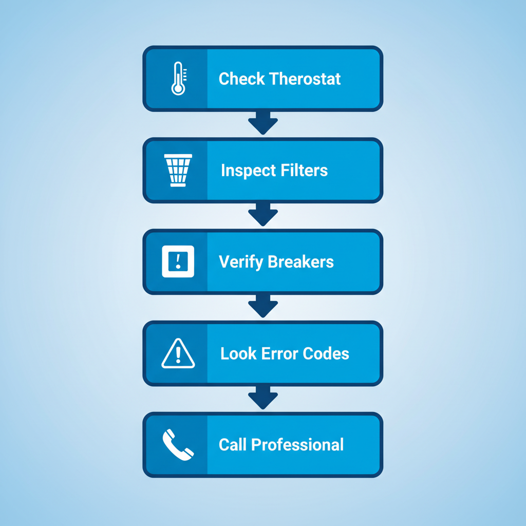 Vertical process flow diagram illustrating five immediate steps for troubleshooting AC issues in Saint Paul, including checking thermostat, inspecting filters, verifying breakers, looking for error codes, and calling a professional service.