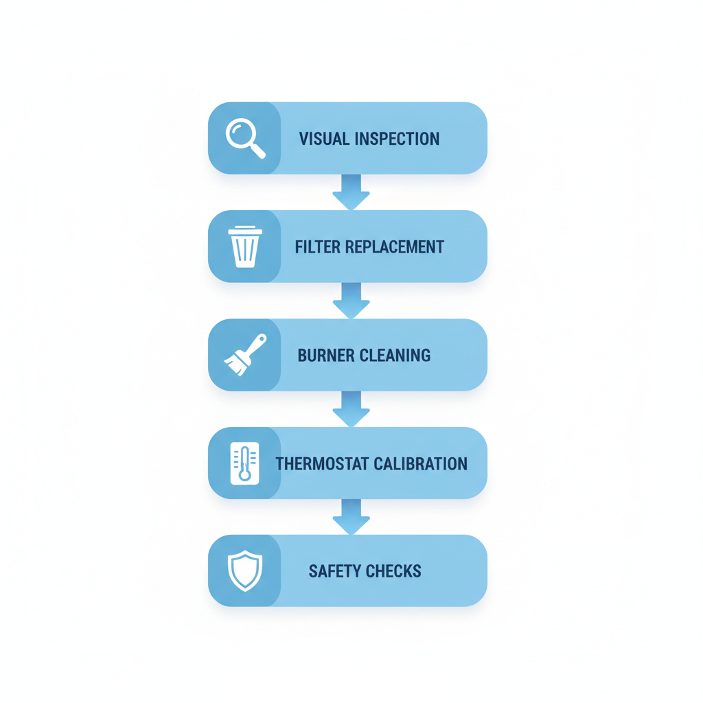 Vertical process flow diagram of five furnace maintenance steps with icons for inspection, filter replacement, cleaning, calibration, and safety checks