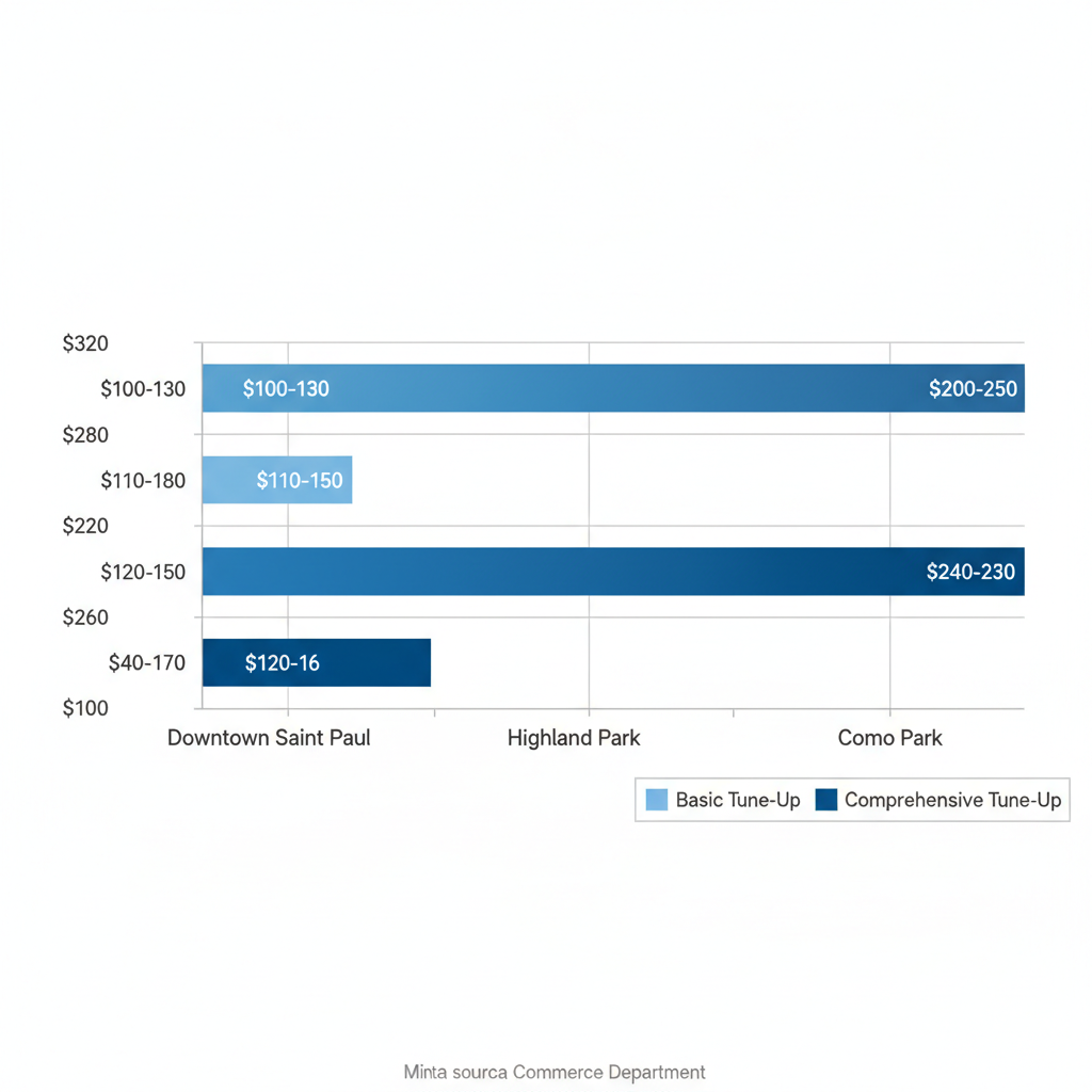 Horizontal bar chart comparing cost ranges for basic and comprehensive furnace tune-ups in Downtown Saint Paul, Highland Park, and Como Park neighborhoods.