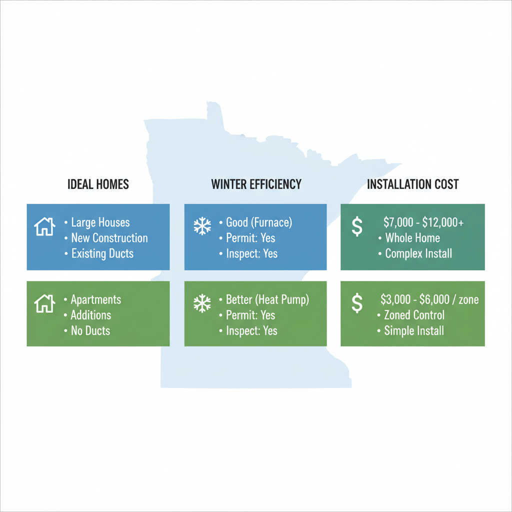 Infographic comparing central AC and ductless mini-split systems for Saint Paul homes, showing home types, winter efficiency, and costs.