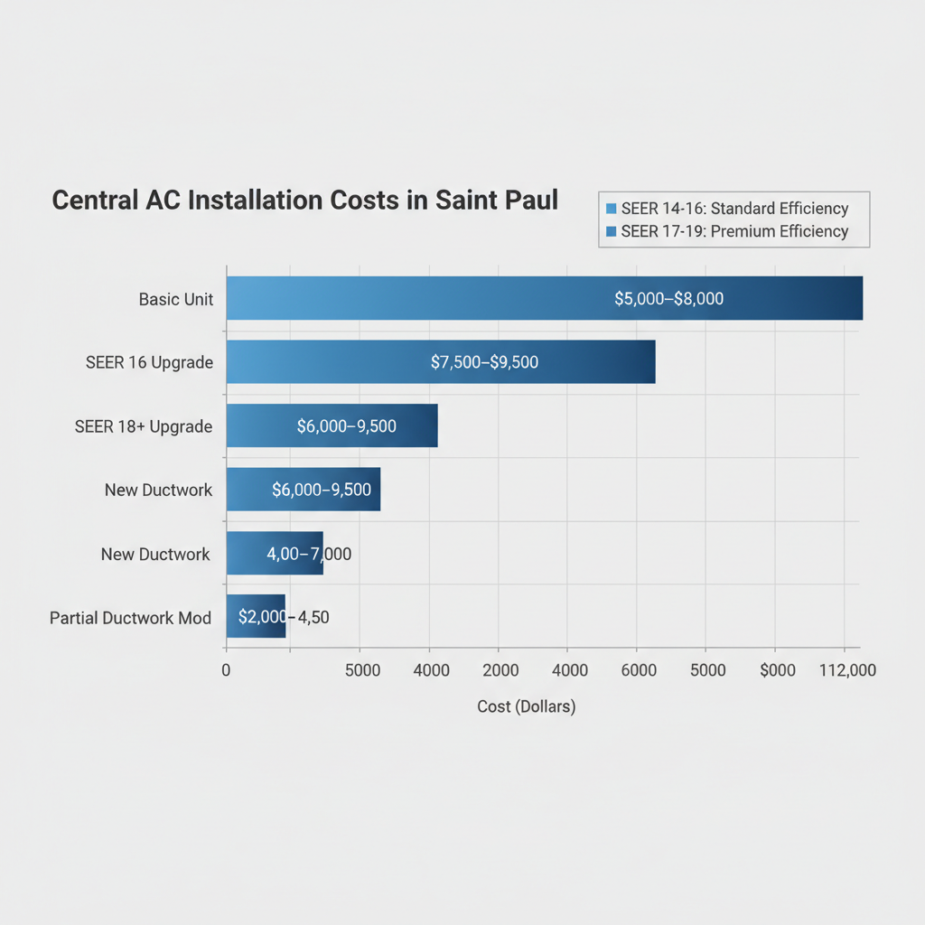 Horizontal bar chart of central AC installation costs in Saint Paul by factors including basic unit, SEER upgrades, and ductwork modifications