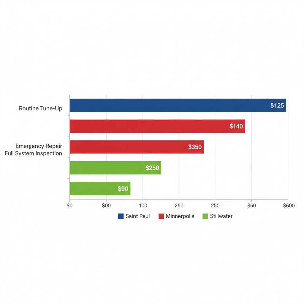 Horizontal bar chart comparing average AC service costs in Saint Paul, Minneapolis, and Stillwater areas
