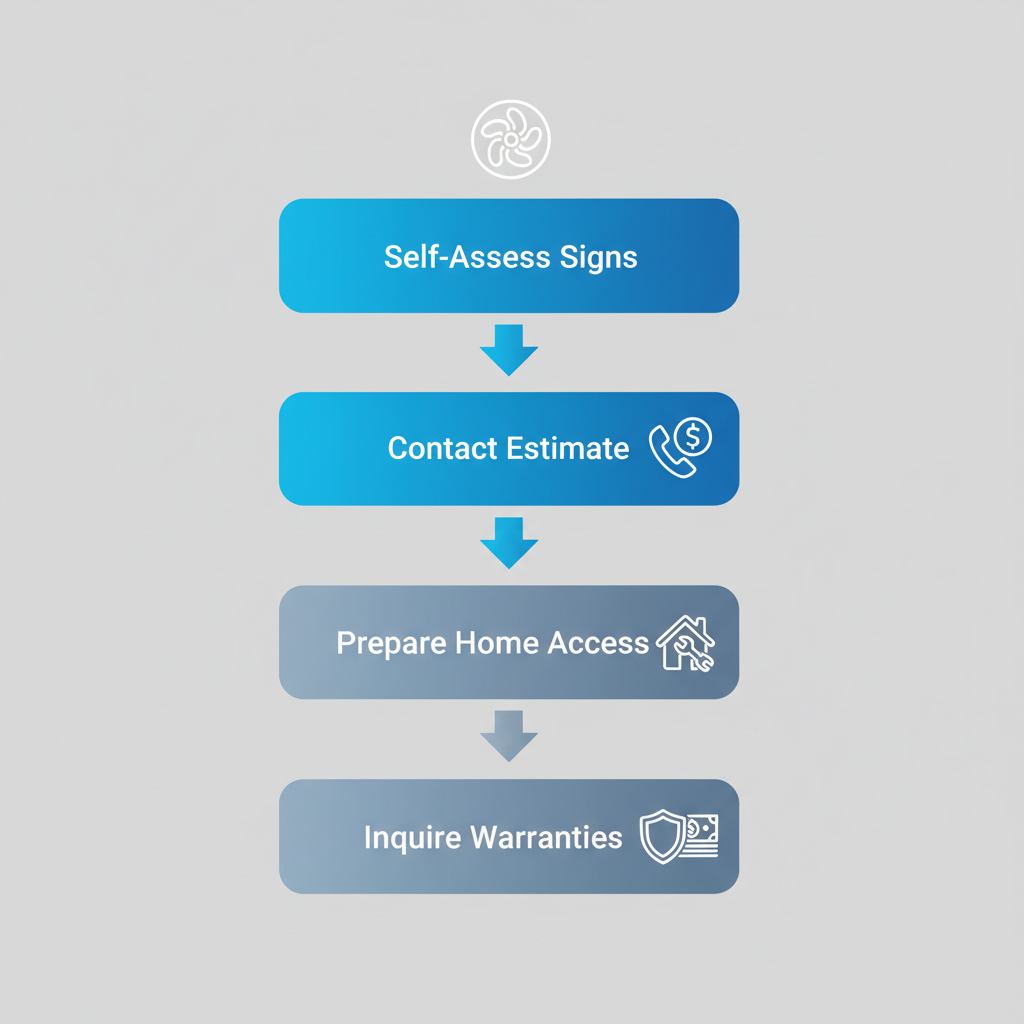Vertical process flow diagram illustrating four steps to start AC service: self-assess issues, contact provider, prepare access, inquire about options.