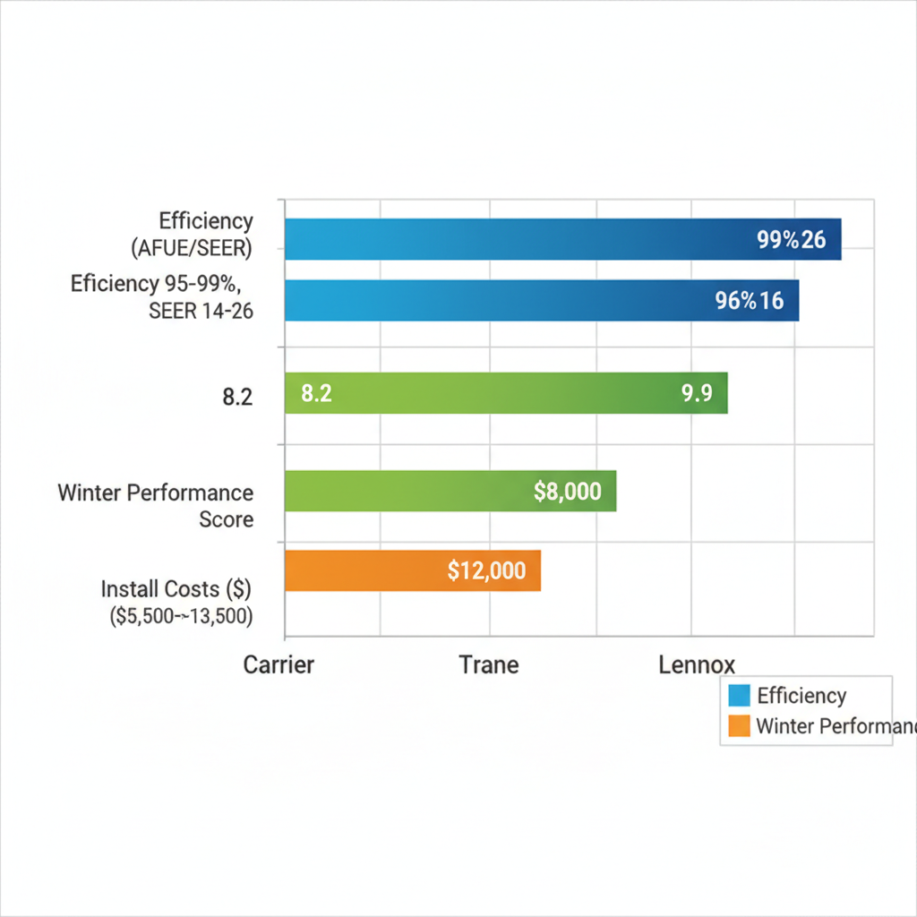 Bar chart comparing Carrier, Trane, and Lennox HVAC brands by efficiency ratings, winter performance, and installation costs for Saint Paul area homes