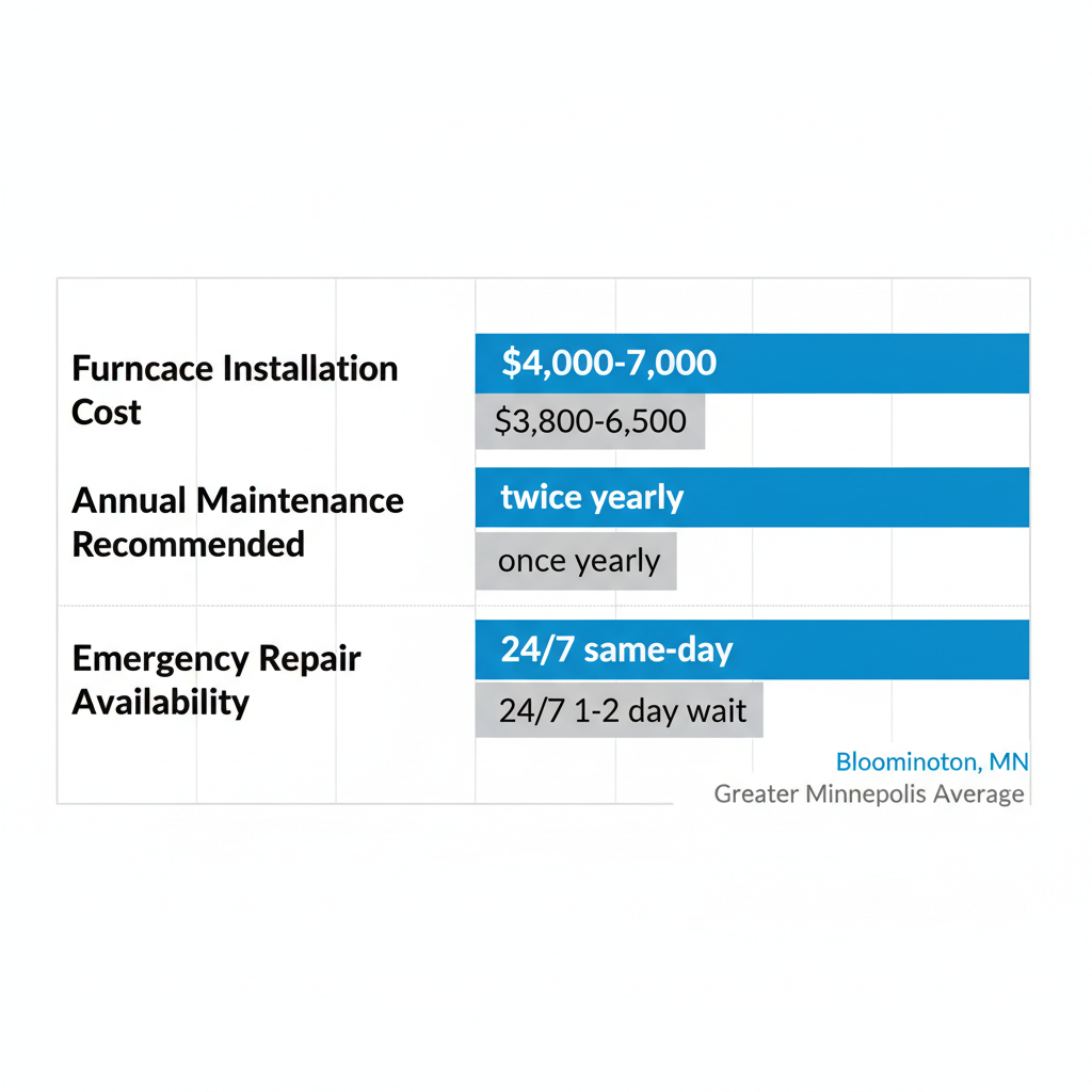 Horizontal bar chart comparing HVAC installation costs, maintenance frequency, and repair availability in Bloomington versus Greater Minneapolis average.