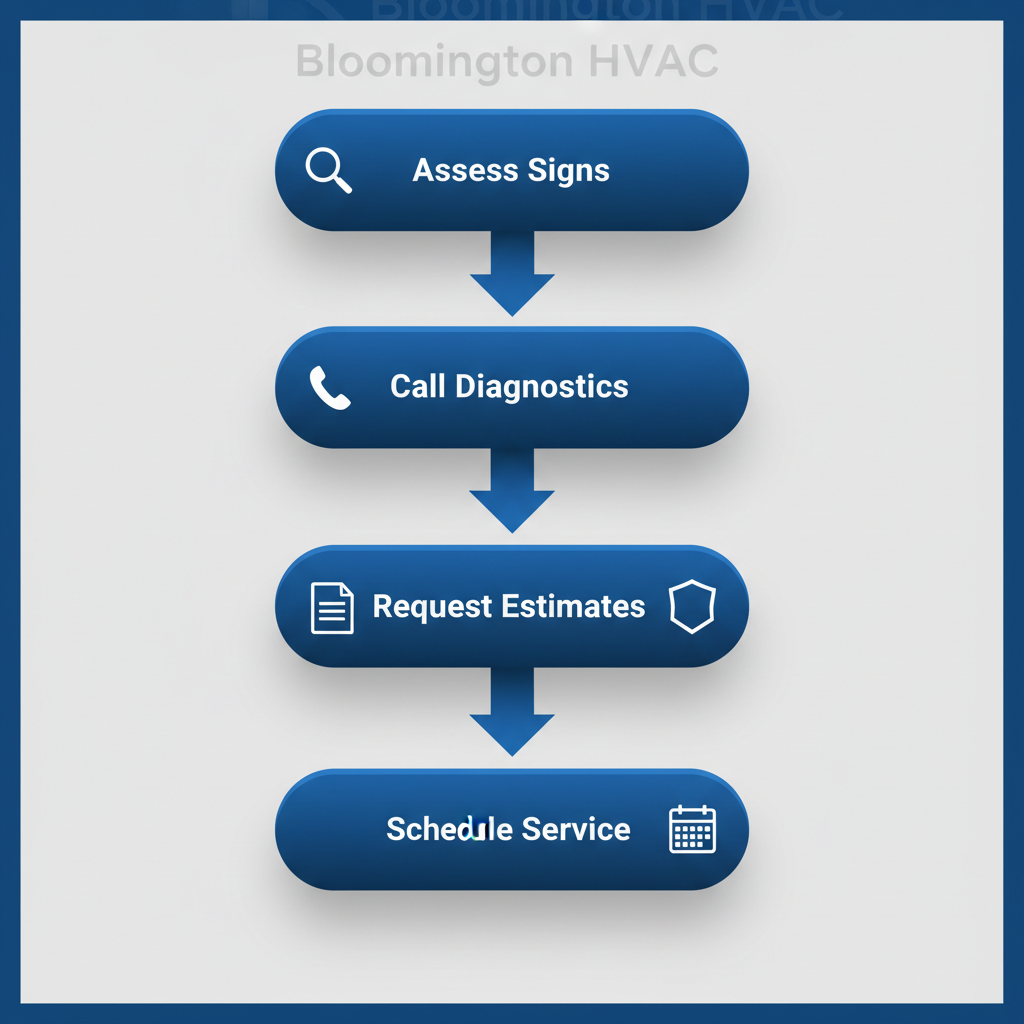 Vertical process flow diagram showing five steps to start HVAC services in Bloomington: assessing signs, calling for diagnostics, requesting estimates, evaluating providers, and scheduling service.