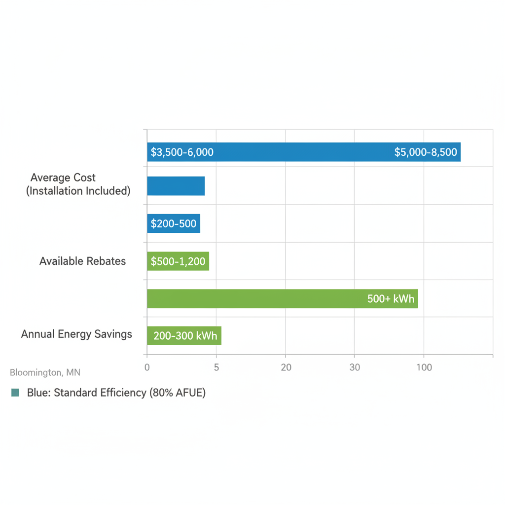 Bar chart comparing costs, rebates, and energy savings of standard and high-efficiency furnaces in Bloomington, Minnesota