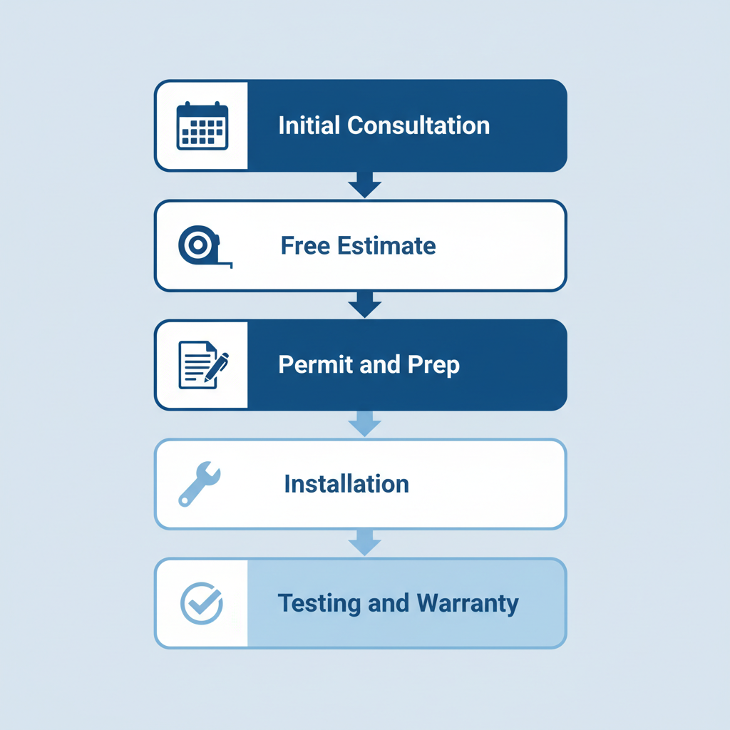 Vertical process flow diagram illustrating the five steps of furnace installation in Bloomington with icons and arrows.
