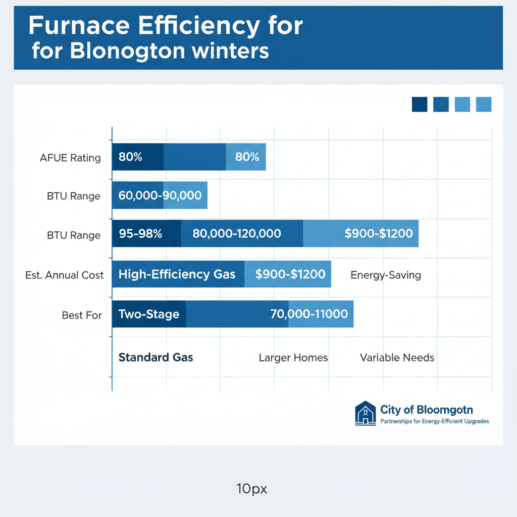 Horizontal bar chart comparing three furnace types for Bloomington winters, displaying AFUE ratings, BTU ranges, estimated costs, and best applications in blue gradients.