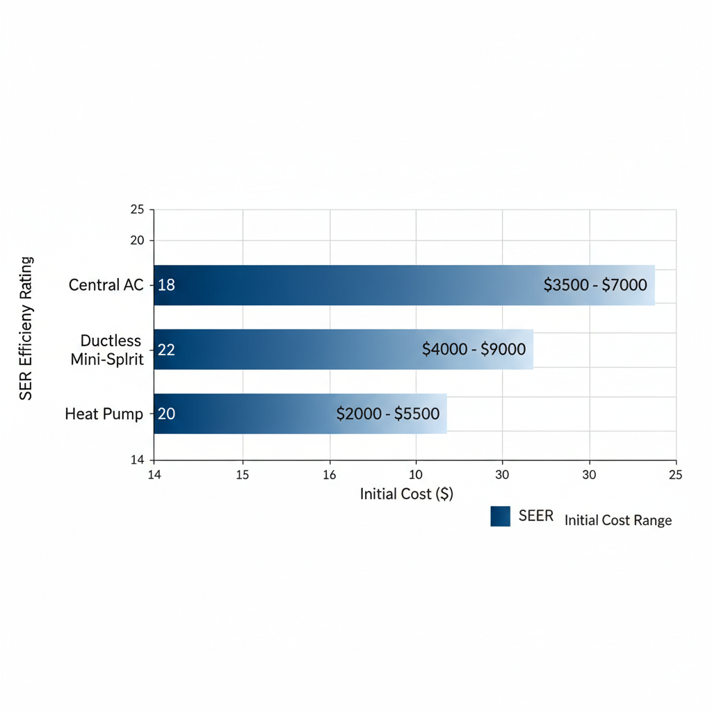 Horizontal bar chart comparing SEER efficiency ratings and cost ranges for three AC systems: Central AC, Ductless Mini-Split, and Heat Pump, suited for Bloomington climate.