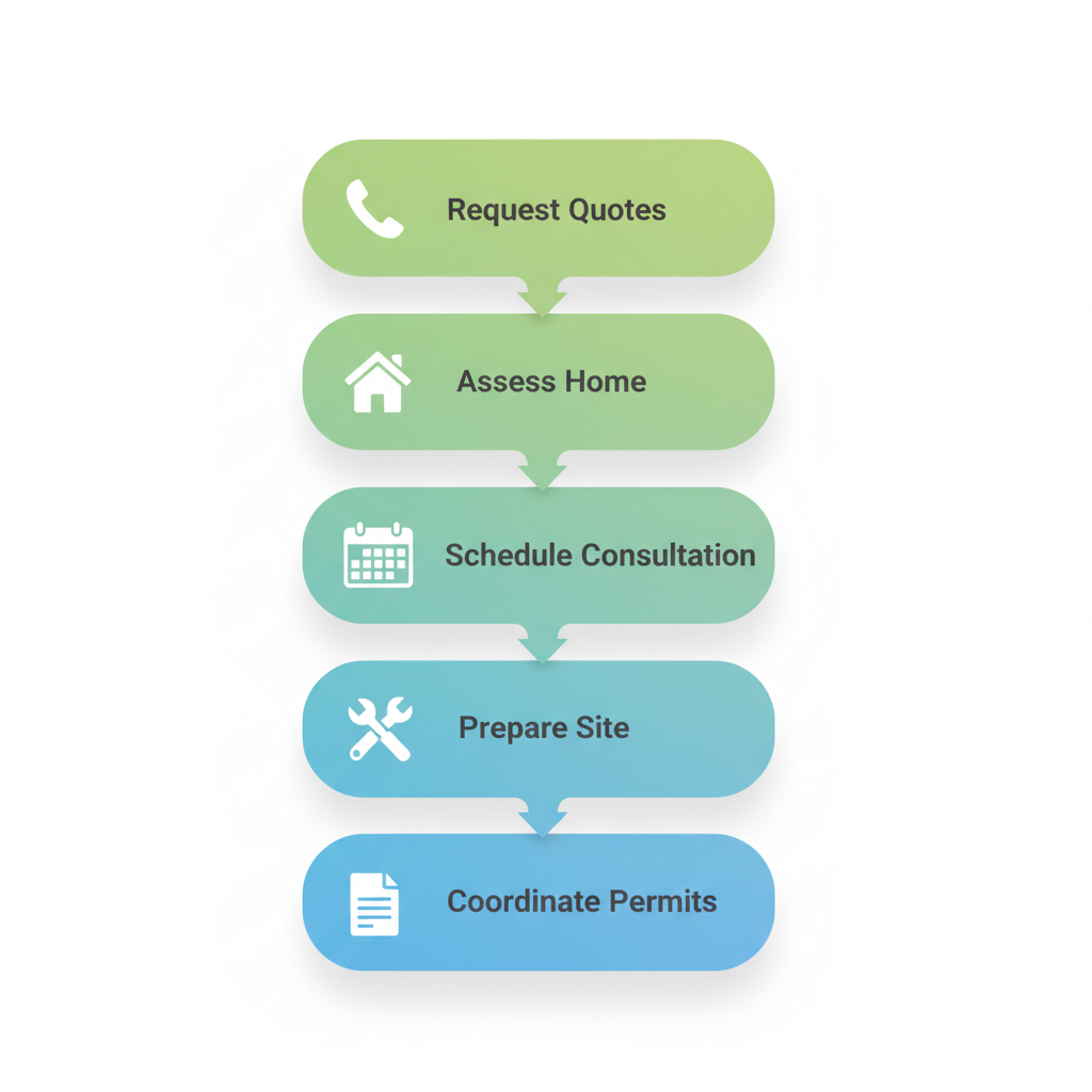 Vertical process flow diagram illustrating five key steps for starting an AC installation project in Bloomington with icons and arrows.