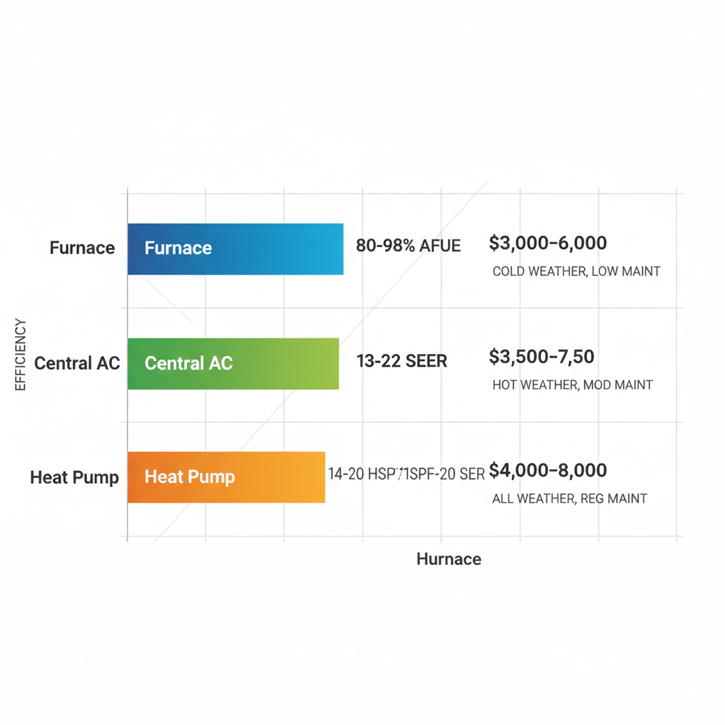 Horizontal bar chart comparing efficiency and costs of furnace, central AC, and heat pump systems for Bloomington climate