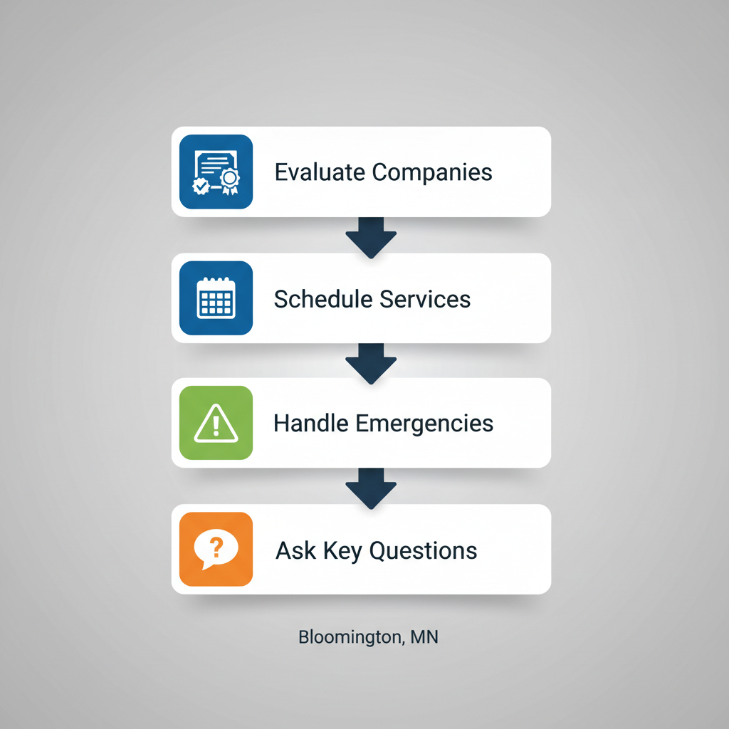Vertical process flow diagram illustrating four steps to start HVAC improvements in Bloomington: evaluate companies with certifications icon, schedule services with calendar icon, handle emergencies with alert icon, and ask key questions with speech bubble icon.
