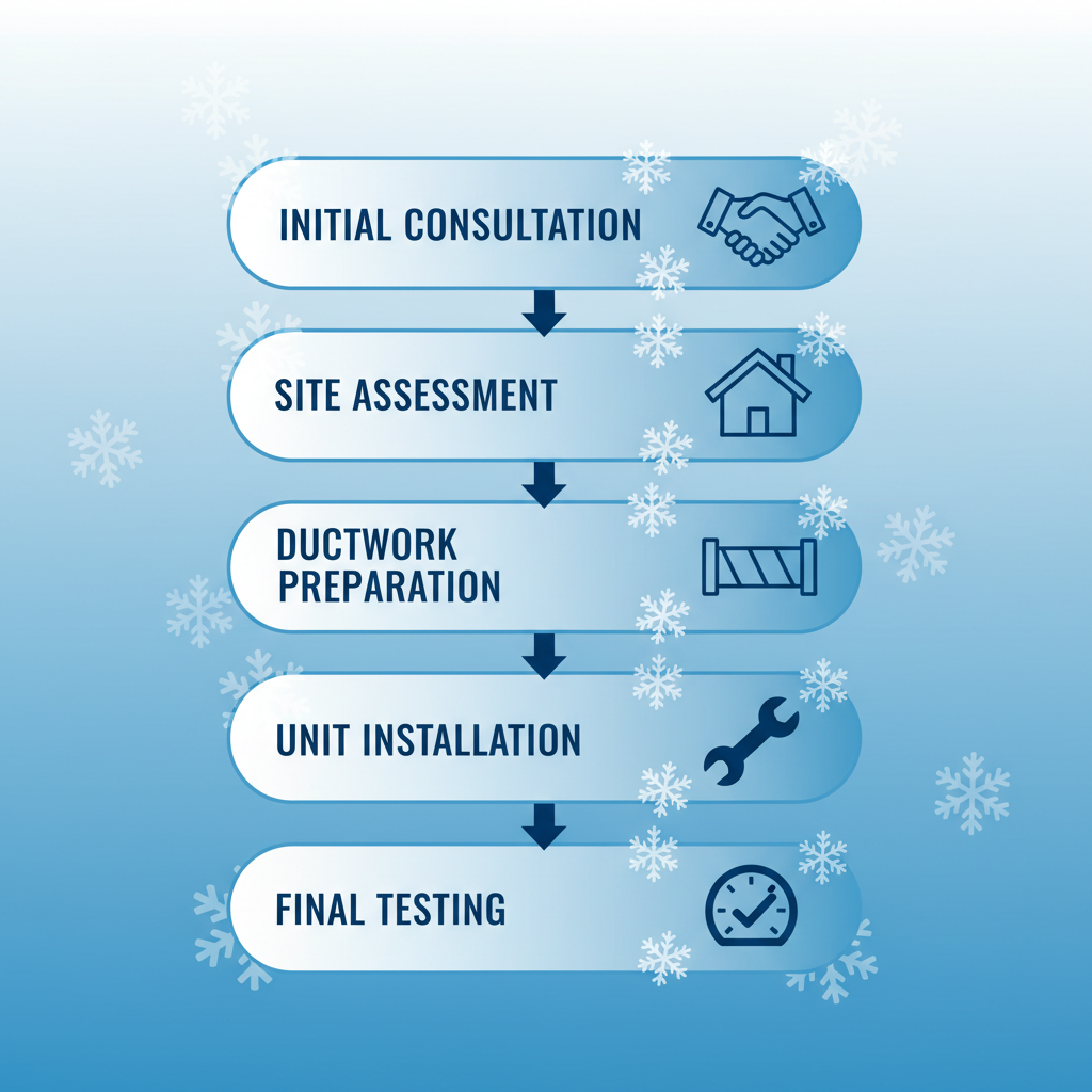 Vertical process flow diagram showing five stages of heat pump installation with icons and minimal labels.