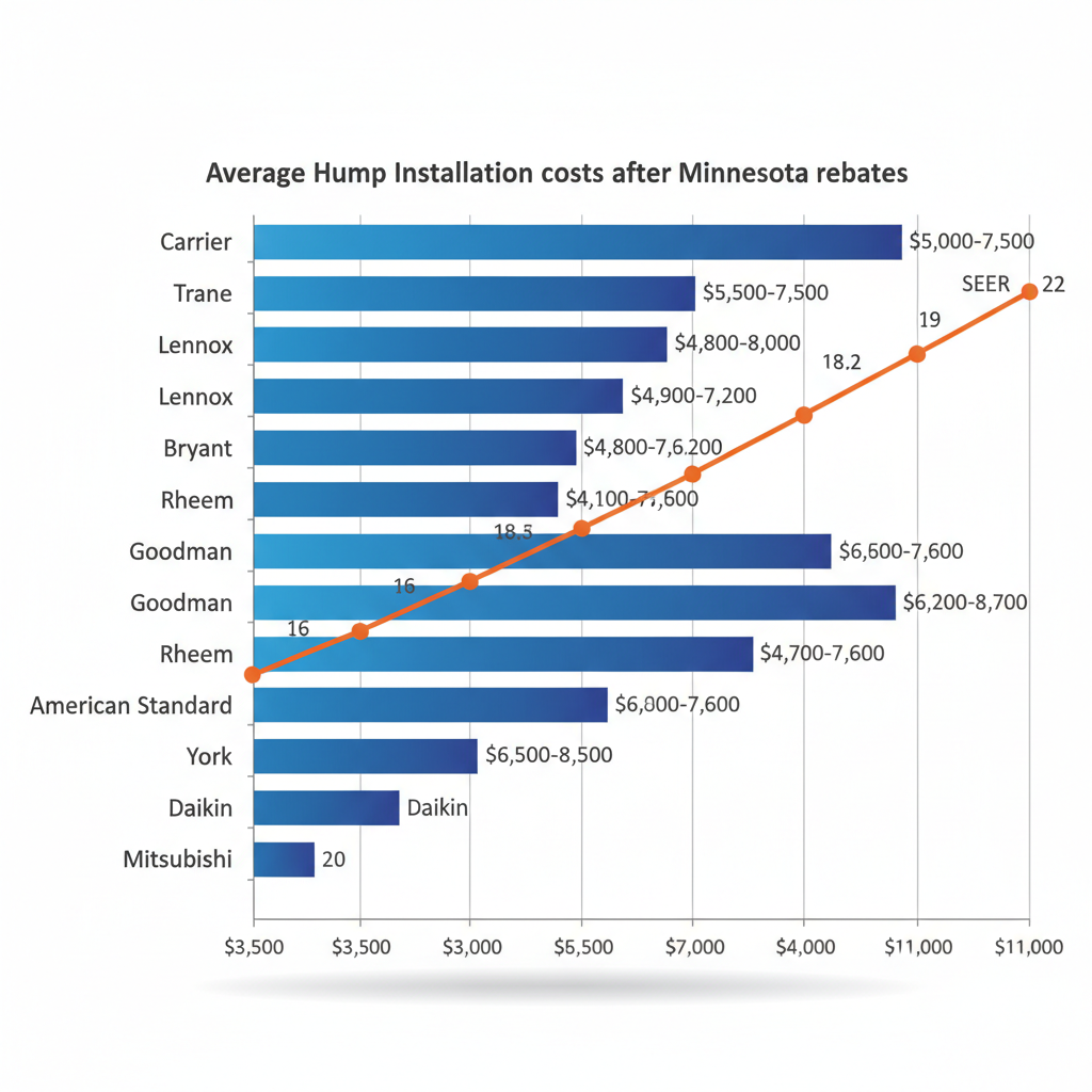 Bar chart comparing installation costs and SEER efficiency for 10 heat pump brands in Bloomington, Minnesota, with blue bars and orange line on white background.