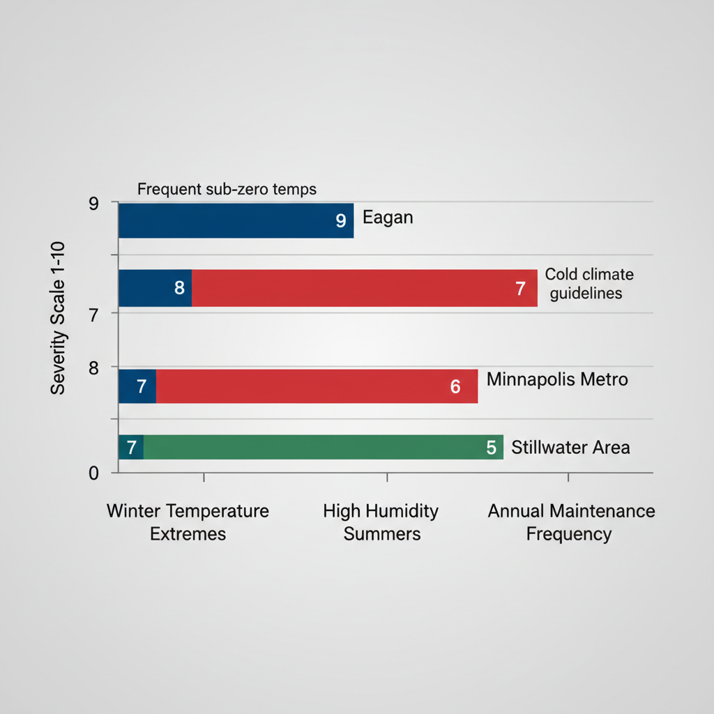 Horizontal bar chart comparing HVAC performance factors across Eagan, Minneapolis Metro, and Stillwater areas with color-coded bars and minimal labels.