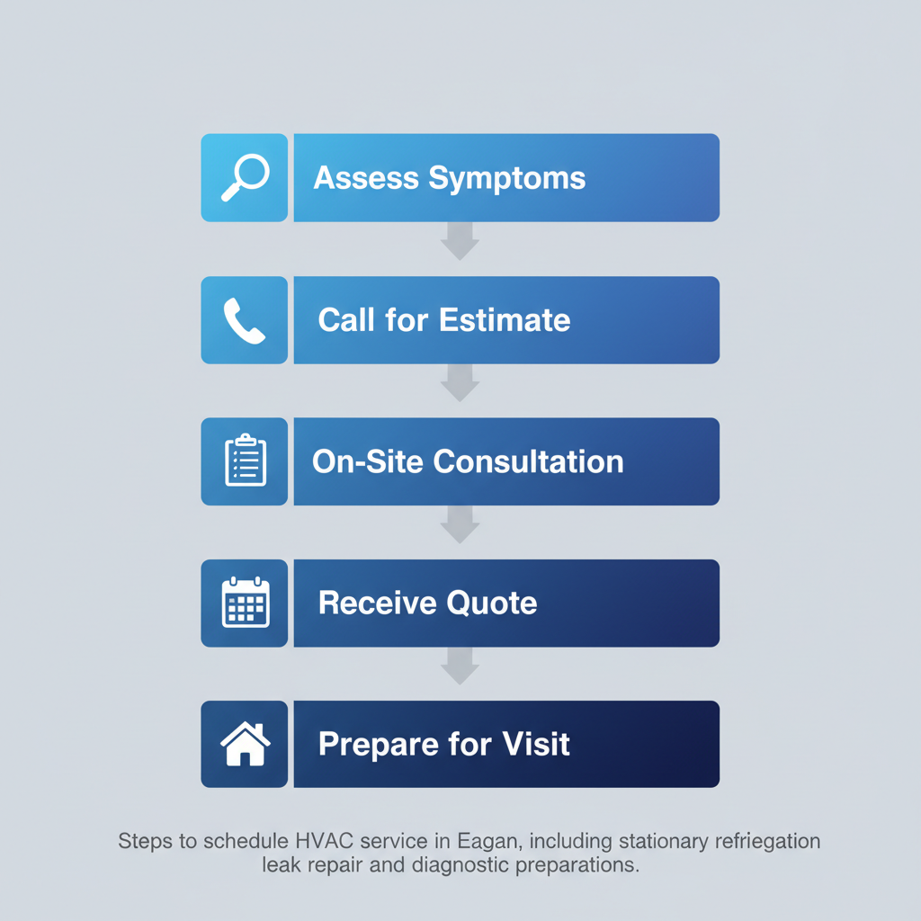 Vertical process flow diagram illustrating five steps to schedule HVAC service in Eagan, from assessing symptoms to preparing for the visit.