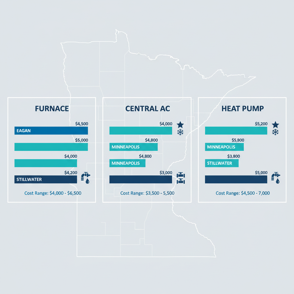 Infographic comparing average HVAC installation costs for furnace, central AC, and heat pump systems across Eagan, Minneapolis, and Stillwater with bar charts and factor icons.