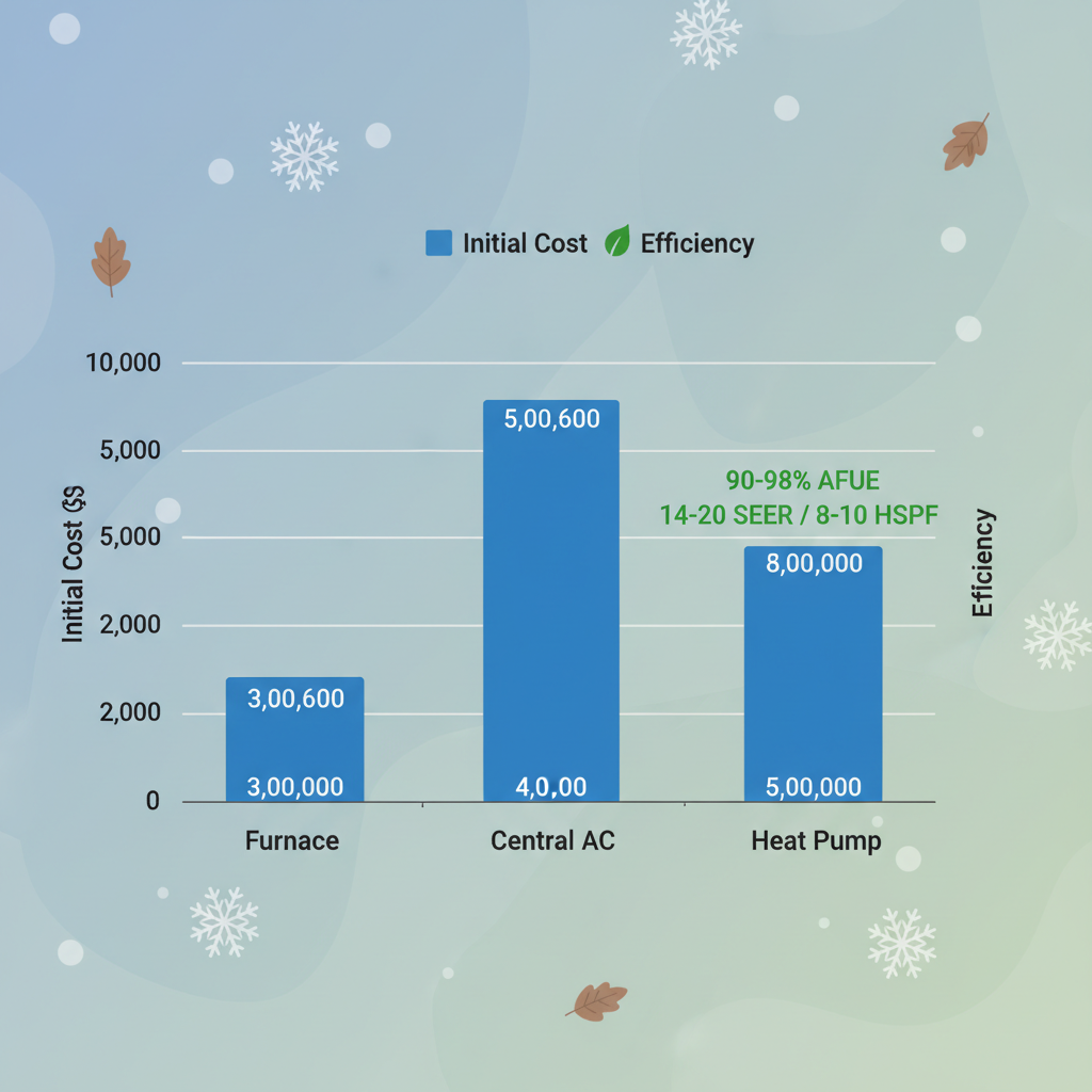 Bar chart comparing costs and efficiency of Furnace, Central AC, and Heat Pump systems for Eagan homes.