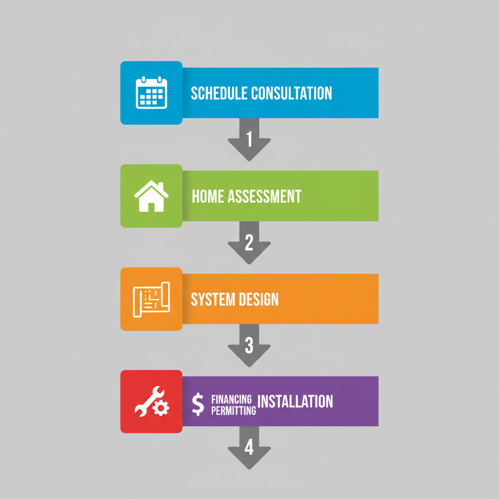 Vertical process flow diagram illustrating five key stages of HVAC installation in Eagan, from consultation to testing.