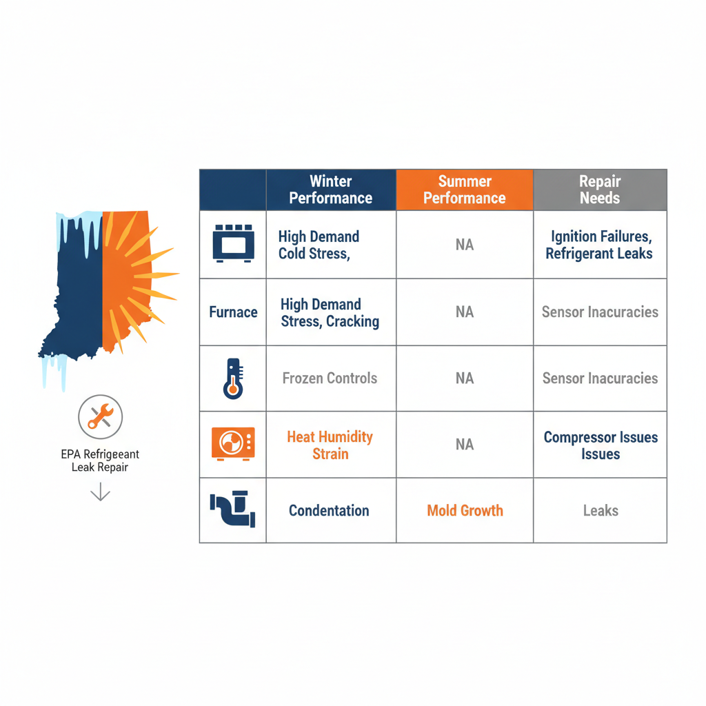 Infographic comparing HVAC system performance and repair needs across Bloomington seasons