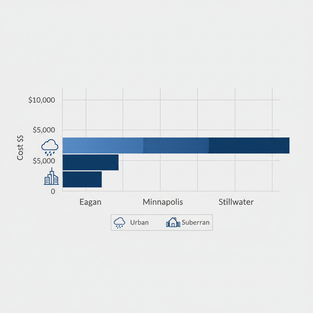 Horizontal bar chart comparing AC installation costs in Eagan, Minneapolis, and Stillwater suburbs with cost ranges and key factor icons.