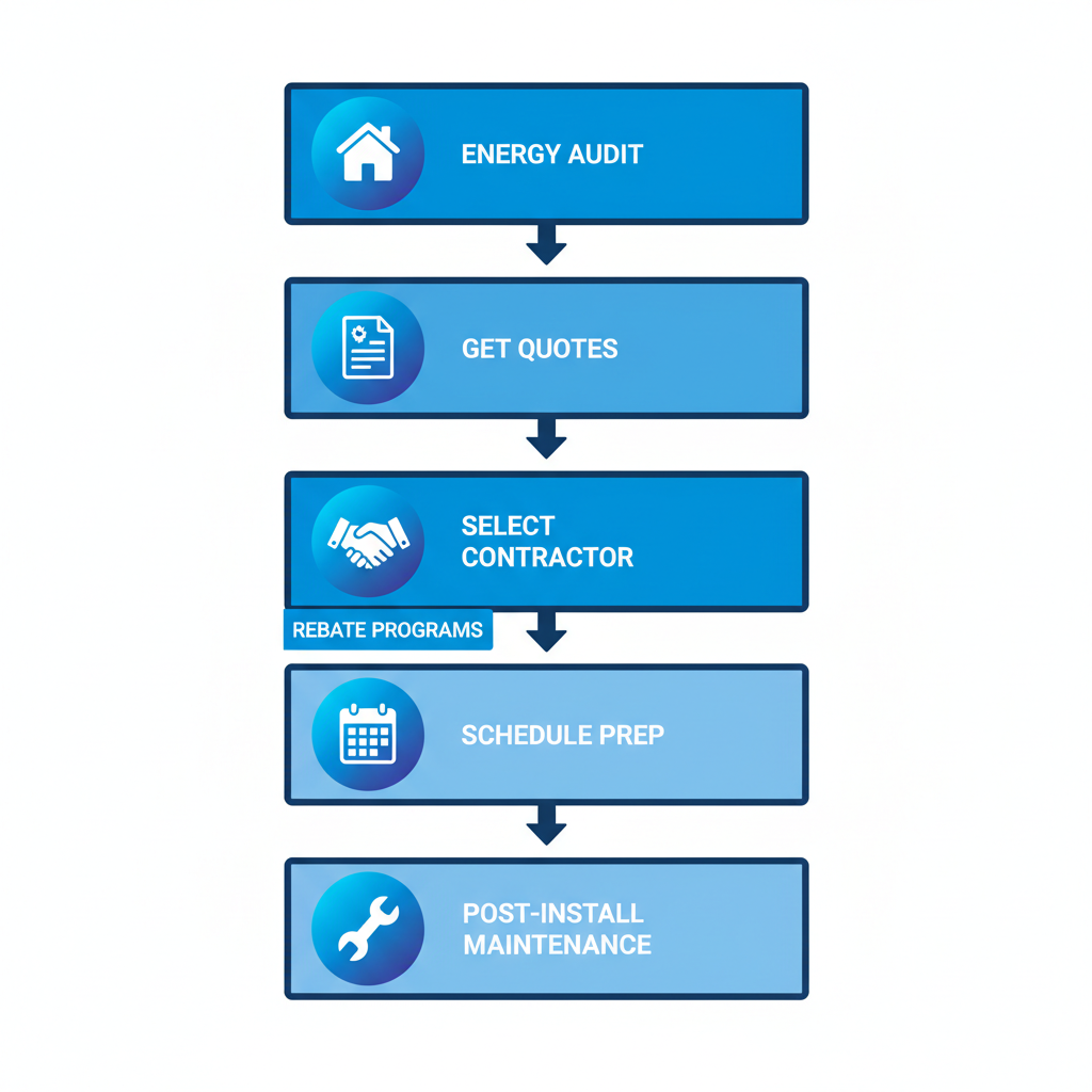 Vertical process flow diagram illustrating five steps for starting an AC installation project in Eagan with icons and labels.