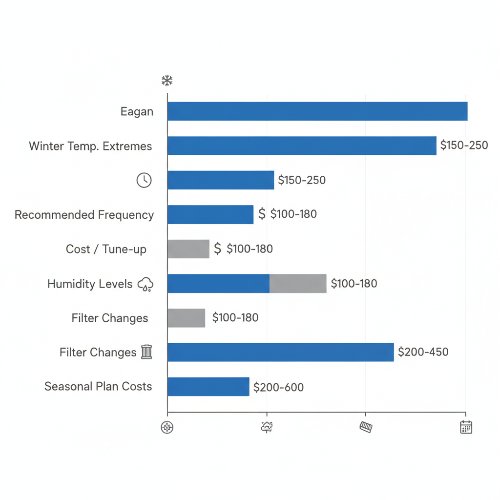 Horizontal bar chart comparing HVAC maintenance demands in Eagan versus Twin Cities average, highlighting categories like winter extremes and costs.
