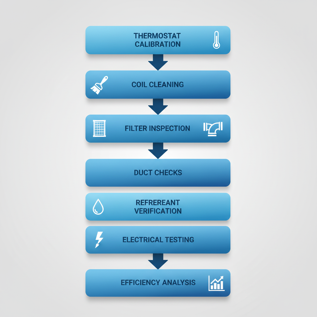 Vertical process flow diagram illustrating seven steps of professional HVAC maintenance with icons and labels.