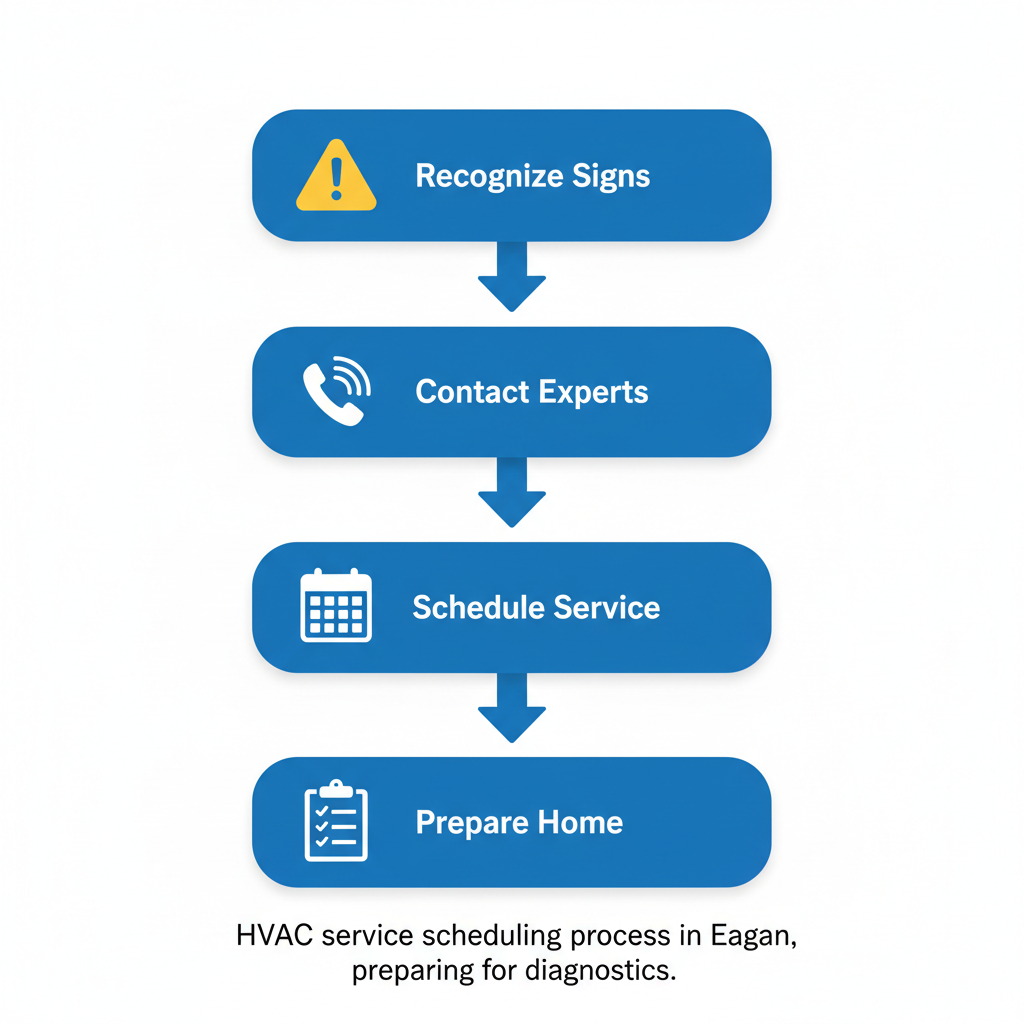 Vertical process flow diagram showing four steps to schedule HVAC service in Eagan with icons for recognition, contact, scheduling, and preparation.