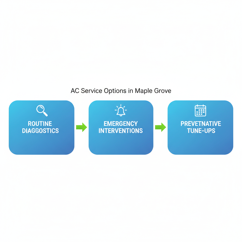 Horizontal process flow diagram illustrating three AC service options: routine diagnostics, emergency interventions, and preventative tune-ups in Maple Grove.