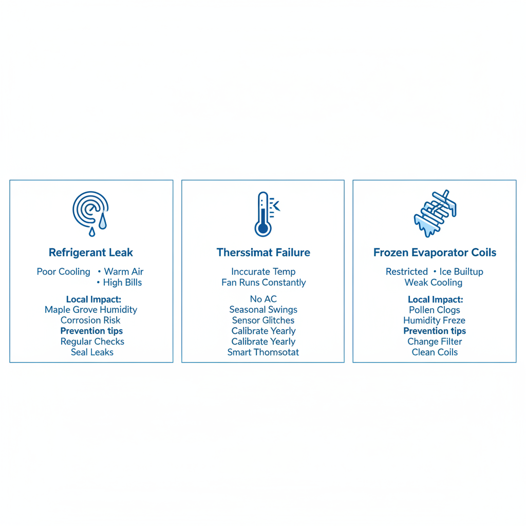 Infographic showing three common AC problems in Maple Grove homes: refrigerant leaks, thermostat failures, and frozen coils with icons and tips.