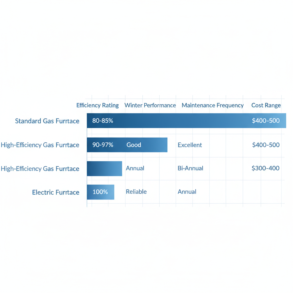 Horizontal bar chart comparing efficiency, performance, maintenance, and cost ranges for standard, high-efficiency, and electric furnaces in cold climate.