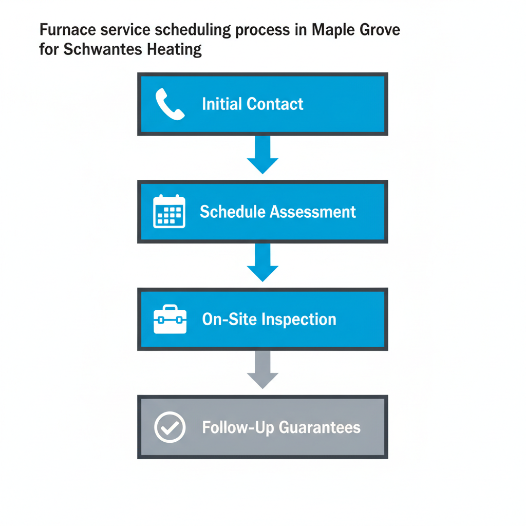 Vertical process flow illustrating the four steps to schedule furnace service: initial contact, assessment visit, on-site inspection, and follow-up guarantees.