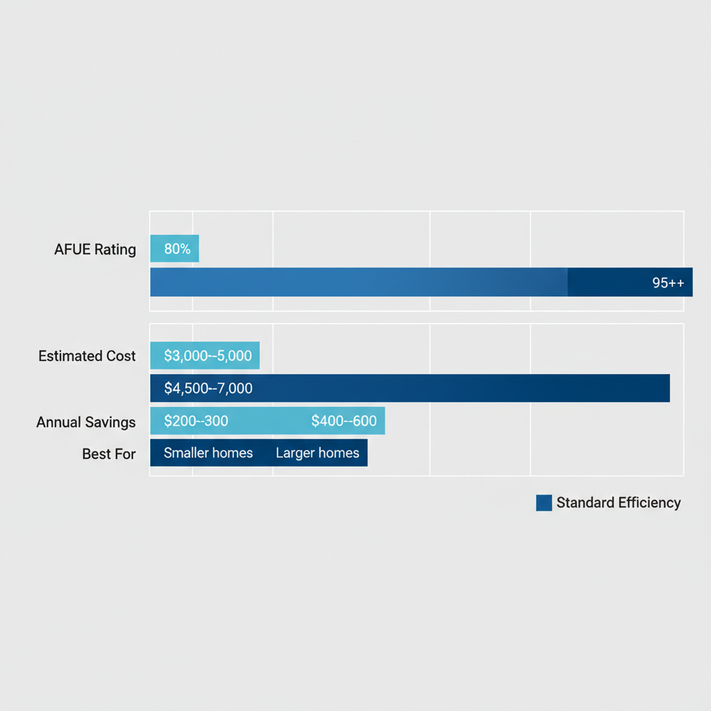 Horizontal bar chart comparing standard and high-efficiency furnace features for Eagan area homes including AFUE ratings, costs, savings, and suitability.