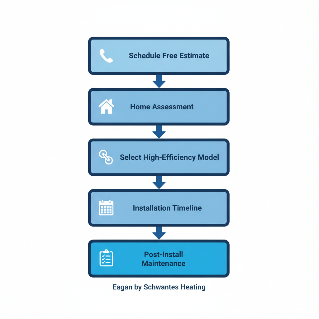 Vertical process flow diagram illustrating five steps for furnace replacement in Eagan: scheduling estimate, home assessment, model selection, installation timeline, and post-install maintenance with icons.