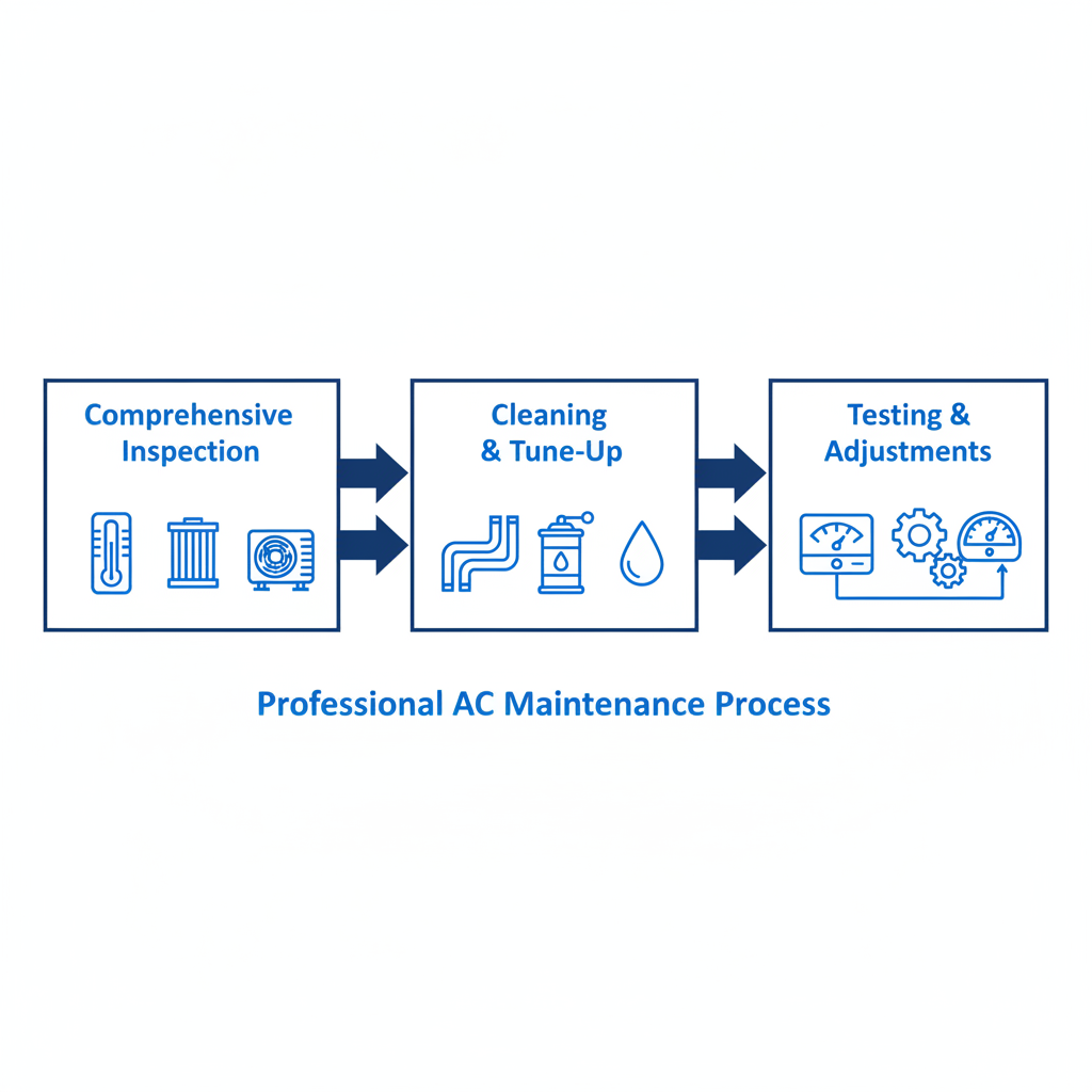 Horizontal process flow diagram showing three stages of professional AC maintenance: inspection, cleaning, and testing.