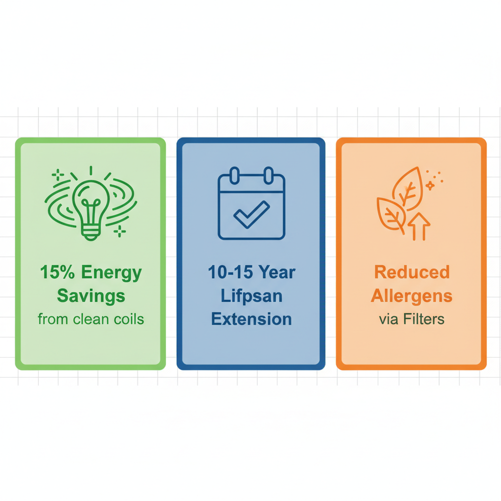 Infographic illustrating three key benefits of regular AC maintenance: energy savings, extended lifespan, and improved air quality.