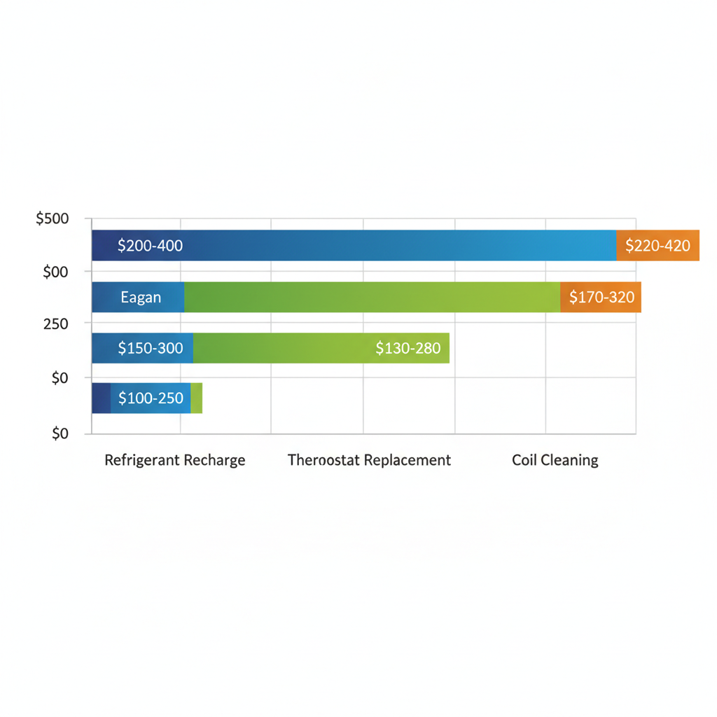 Horizontal bar chart comparing AC repair costs in Eagan, Minneapolis, and Stillwater across repair types.