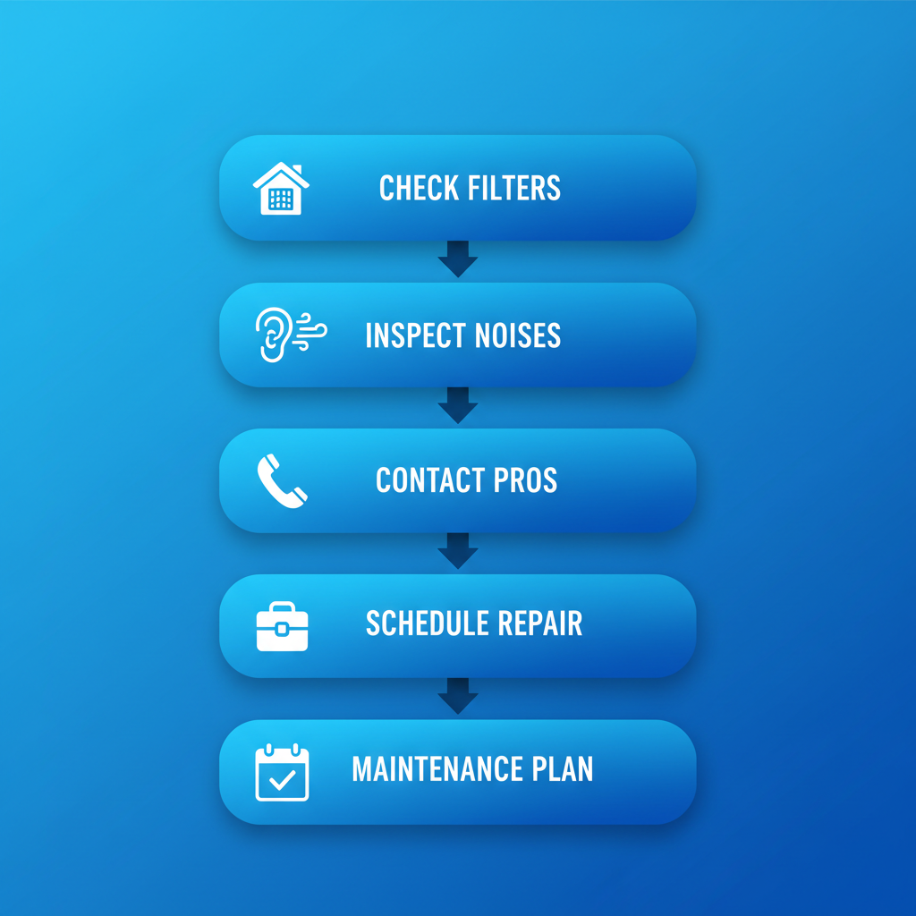 Vertical process flow diagram illustrating five steps for addressing AC issues in Eagan homes: check filters and thermostat, inspect noises and airflow, contact licensed professionals, schedule diagnostics and repair, follow up with maintenance plan.